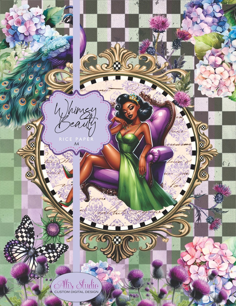 Rice Paper Pin Up Throne Crown African-American Whimsical Thistle Hydrangea Peacock Brunette Pin Up Girl Black Purple Green Decoupage A4 image 1