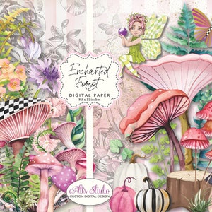 Enchanted Forest Fairy Mushroom Floral Butterfly Digital Paper 8.5x11 Printable DIY