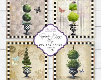 Topiary Moss Urn Damask Checks Butterflies Vintage Ephemera Digital Paper 8.5x11 Printable DIY