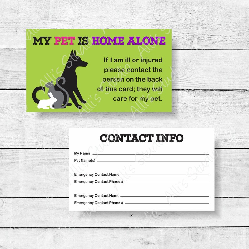 Dog Pet Home Alone Emergency ID Contact Card ICE Etsy