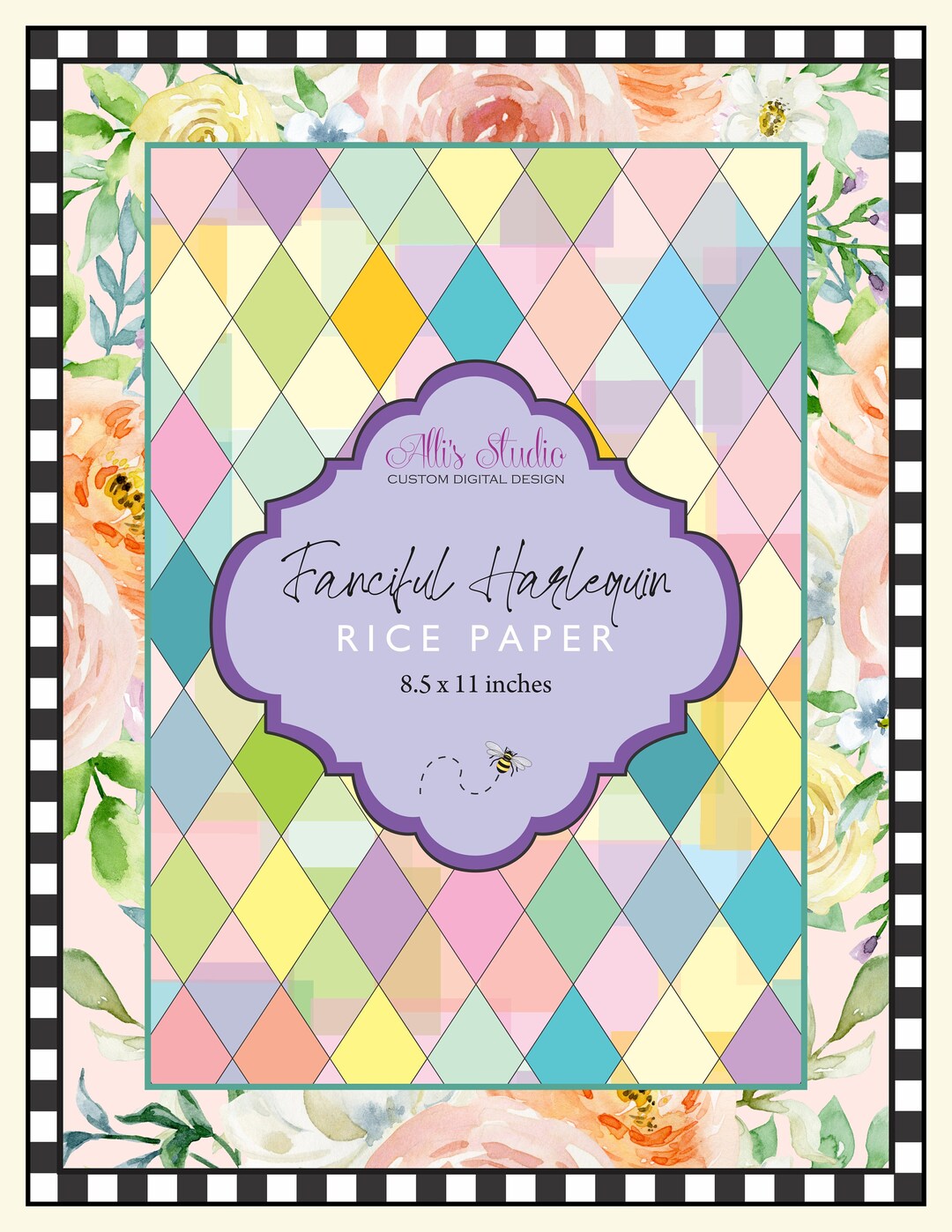 Rice Paper Fanciful Harlequin Pastels Watercolor Black White Rose A4 - Etsy