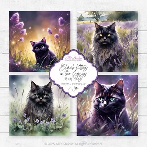 黒猫 子猫 草 ラベンダー スミレ 真夜中 4 インチ タイル 正方形 エフェメラ デジタル ペーパー 印刷可能 DIY