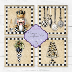 May include: Four square rice paper sheets featuring Christmas designs with black and white checkered borders. Images include a nutcracker, hanging ornaments, a decorative finial, and a Christmas tree, all on a tan damask background.