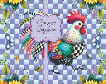 Rice Paper Sunflowers Blue Check Rooster Whimsical A4