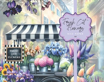 Rice Paper Fresh Cut Flowers Cobblestone Street Flower Cart Hydrangeas Iris Buckets of Blooms Decoupage Florals A4