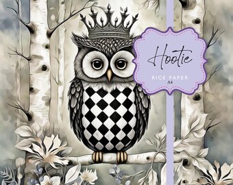 Rice Paper Owl Hoot Hootie Birch Florals Crown Muted Grays Decoupage A4