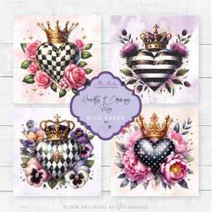 May include: Four digital printable designs featuring hearts with crowns and floral arrangements. The hearts are black and white with different patterns: checkered, striped, polka dotted, and checkered. The flowers are pink, purple, and white.