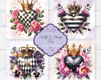 Rice Paper 4x4 Tiles Hearts Crowns Floral Watercolor Sparkle Stripe Rose Thistle Peony Pansy Checks Crown Vintage Ephemera A4