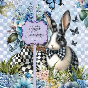 May include: A black and white checkered bunny with a blue bow tie sits in a bed of flowers and grass. The bunny is surrounded by black and white checkered Easter eggs. The background is a blue and white checkered pattern. The text "Mister Checkers RICE PAPER A4" is on a purple label.