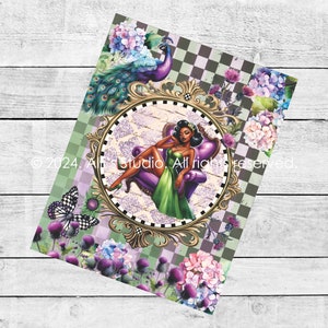 Rice Paper Pin Up Throne Crown African-American Whimsical Thistle Hydrangea Peacock Brunette Pin Up Girl Black Purple Green Decoupage A4 image 3