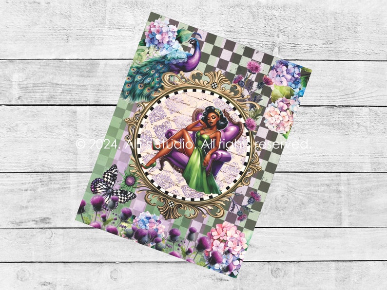 Rice Paper Pin Up Throne Crown African-American Whimsical Thistle Hydrangea Peacock Brunette Pin Up Girl Black Purple Green Decoupage A4 image 3