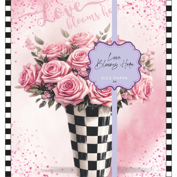 Rice Paper Vase Roses Black Checks Love Blooms Here Sparkle Gems Valentine's Day Pink Rose Checked A4