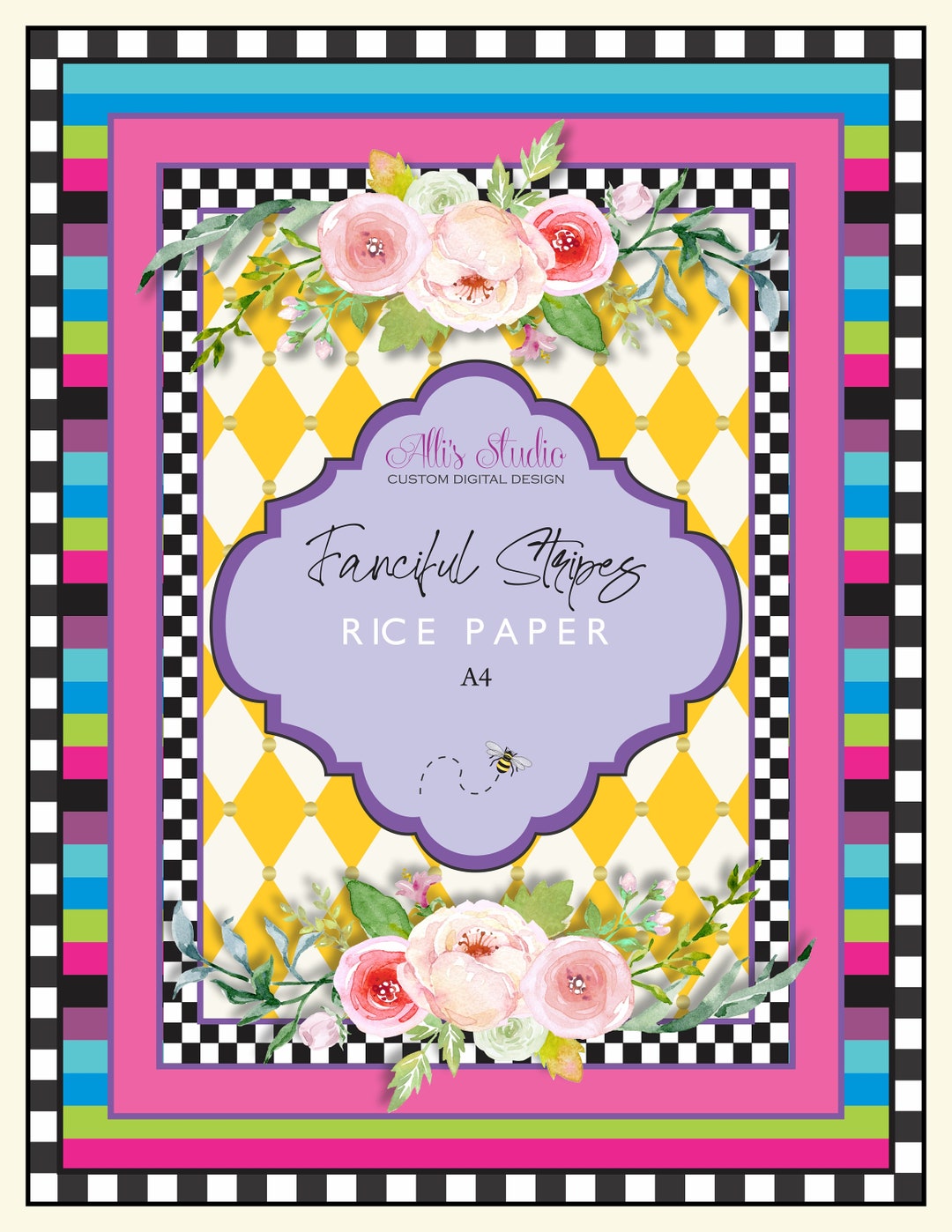 Rice Paper Fanciful Stripes Teal Gold Black White Harlequin Rose A4 - Etsy