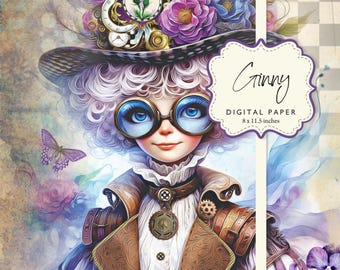 Steampunk meisje Ginny paars groen distel Whimsy decoupage digitaal papier 8 x 11,5 afdrukbare DIY