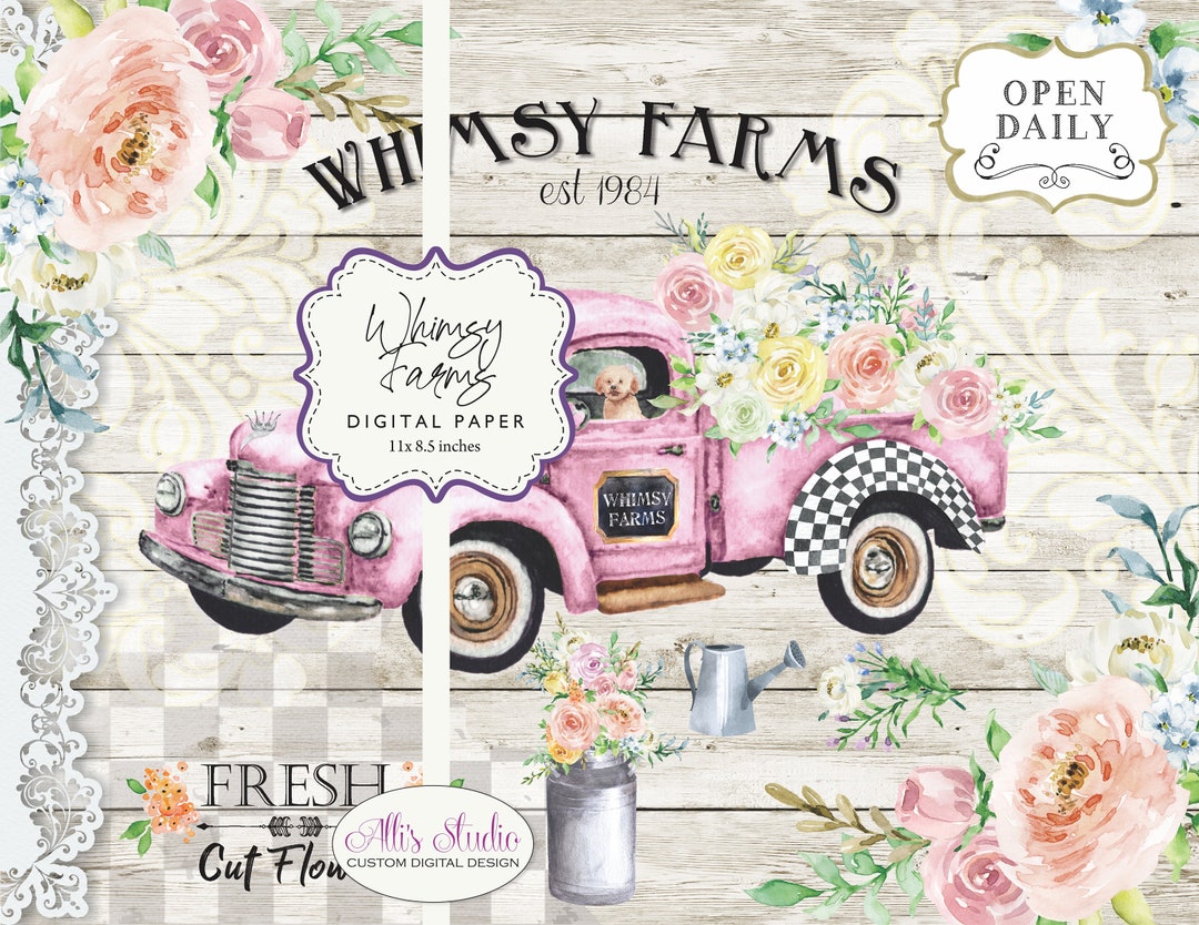 Farm Truck Pink Vintage Truck Flowers Flower Shop Landscape Ephemera A4