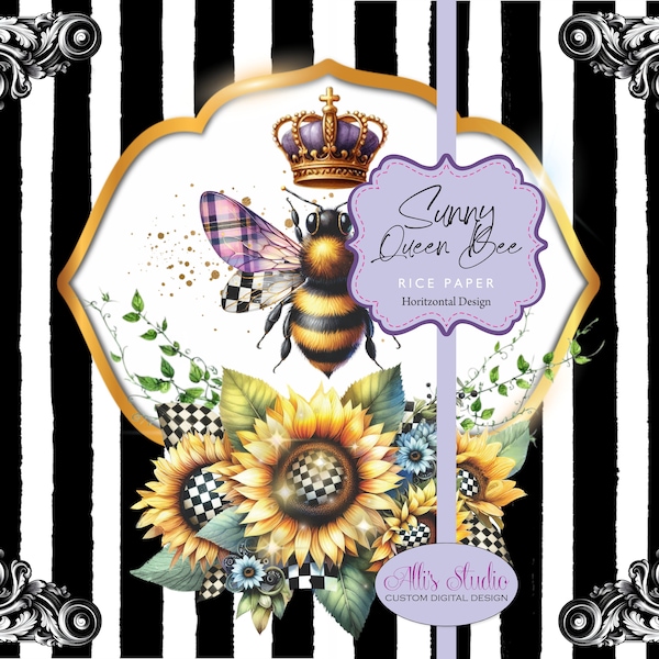 Rice Paper Queen Bee Sunflowers Black and White Stripe Vintage Ephemera A4