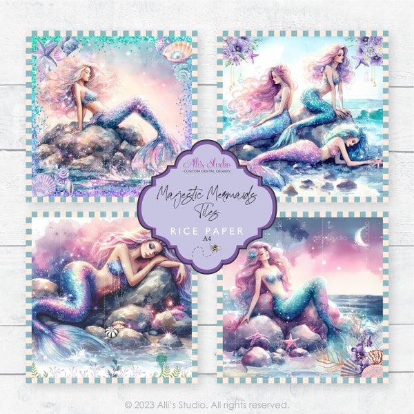 Rice Paper Majestic Mermaids 4x4 Tiles Sea Nymphs Mermaid Sirens Sea Ocean Nautical A4