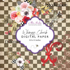 Whimsy Check Floral Vintage Fleur de lis Digital Paper 8.5x11 Printable DIY