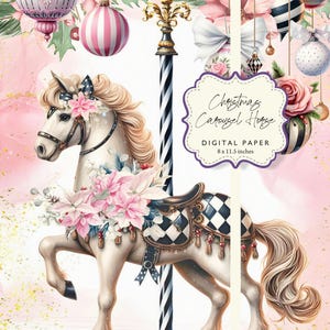 Vakantie kerst carrousel paard eigenzinnigheid roze glitter kerstster ornamenten digitaal papier afdrukbare A4 DIY