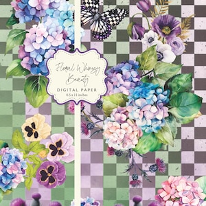 Chardon lunatique hortensia pensées papillon noir violet vert floral fantaisie beauté découpage papier numérique 8,5 x 11 imprimable bricolage