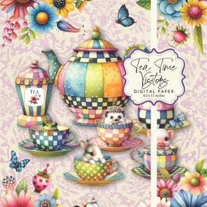May include: A digital paper featuring a whimsical tea party scene with colorful teacups, a teapot, and various animals. The background is a light purple with a damask pattern. The text "Tea Time Visitors" is displayed in a purple banner. The paper is 8.5 x 11 inches.