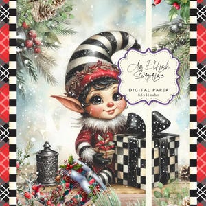 Elfo Elfos Presente Presente Feriado Árvore de Natal Tartan Xadrez Boas Festas Surpresa Papel Digital 8,5x11 Imprimível Faça Você Mesmo