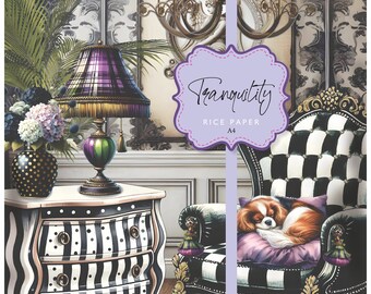 Rice Paper Tranquility Cavalier King Charles Spaniel Queen Anne Chair Chandelier Black and White Decoupage Florals A4