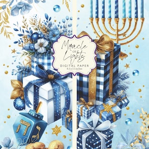 Fête des lumières de Hanoucca Miracle Dreidel Holiday Sparkle Blue Gelt Gold Menorah Papier numérique imprimable DIY