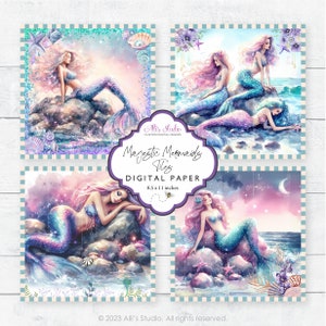 Majestic Mermaids 4x4 Tiles Sea Nymphs Mermaid Sirenen Sea Ocean Nautical Digital Paper 8.5x11 Printable DIY