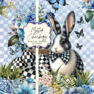 Mister Checkers Coniglietto pasquale a quadretti blu con fiori e uova, farfalle, carta digitale 8,5x11 stampabile fai da te