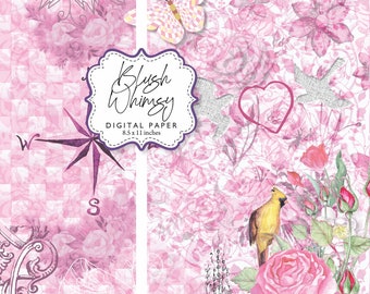 Blush Pink Rose Whimsy Check Toile Floral Decoupage Collage Ephemera Digital Paper 8.5x11 Printable DIY