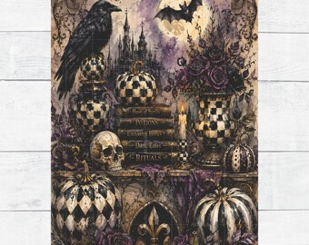 Heilige Halloween Gotische Raaf Spreuken Oude Wereld Decoupage Ephemera Digitaal Papier Printbaar DIY