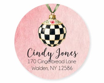 Christmas Ornament Ribbon Checks Holiday Round Address Labels / Stickers
