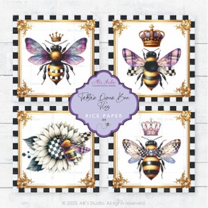 May include: Four digital printable images of a bee with a crown and tartan wings. The bee is on a white background with a gold frame. The images are for rice paper and are A4 size. The text "Tartan Queen Bee Tiles" is in purple text on a light purple background.