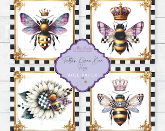 Rice Paper 4x4 Tiles Queen Bee Tartan Checks Crown Vintage Ephemera Round or Square A4