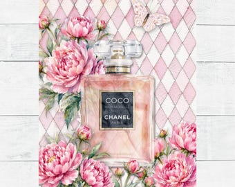Perfume Bottle Mademoiselle Pink Peonies Paris Harlequin Romantic Ephemera A4 Digital Paper 8x11.5 Printable DIY