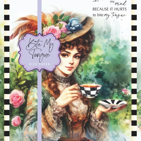 Rice Paper Victorian Lady Tea Cup Bite My Tongue Decoupage Collage Ephemera A4