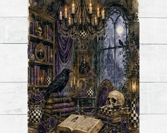 Bibliotheek Halloween Schedel Gotische Raaf Spreuken Oude Wereld Decoupage Ephemera Digitaal Papier Printbaar DIY