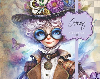 Rice Paper Steampunk Girl Ginny Purple Green Thistle Whimsy Decoupage A4