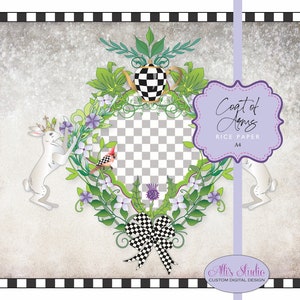 May include: A white rabbit with a crown sits on a wreath of green leaves and purple flowers. The wreath is decorated with a black and white checkered teapot and a black and white checkered bow. The text "Coat of Arms RICE PAPER A4" is on a purple label.