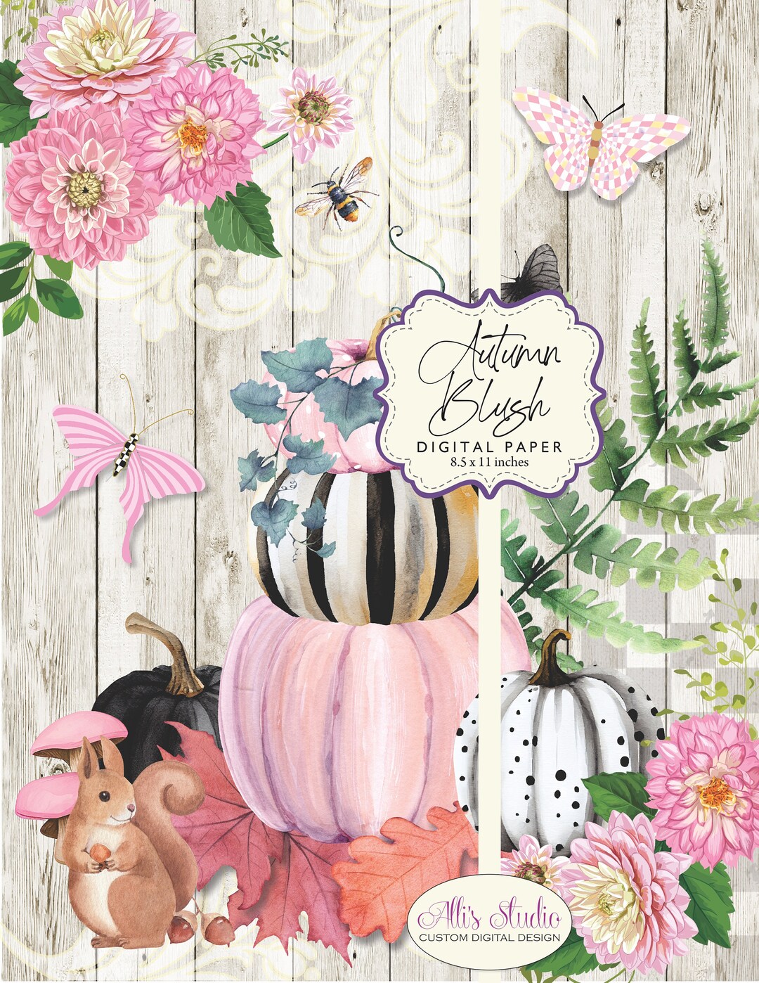Autumn Blush Pumpkins Stack Fall Whimsy Pink Check Squirrel Butterflies ...