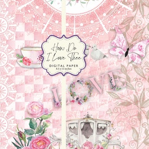 Love Valentine&#39;s Day How Do I Love Thee Digital Paper 8.5x11 Printable DIY