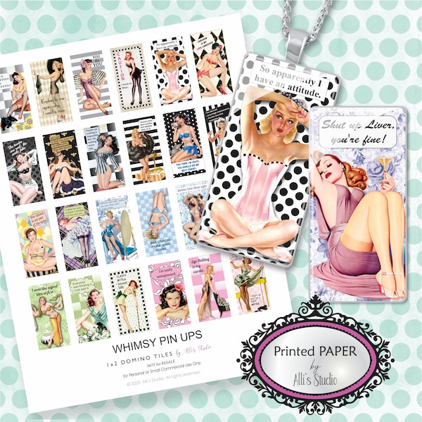 Printed Paper Pin Ups Pin Up Girls Retro 50s Whimsy Domino Collage Sheet, 1x2 Inch, Domino Collage, Dominoes, Dominos