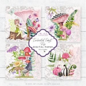 Enchanted Forest 4x4 Tiles Fairy Mushroom Floral Butterfly Digital Paper Printable DIY