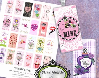 Digital Download Whimsy Love Valentine's Domino Collage Sheet, Printable, 1x2 Inch, Domino Collage, Printable Dominoes, Dominos