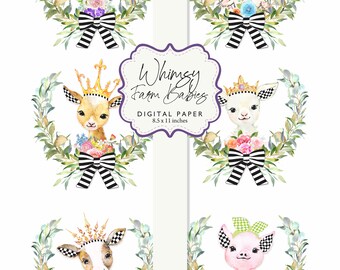 Farm Animals Babies Rabbit, Duck, Goat, Pig, Lamb, Cow Check Digital Paper 8.5x11 Printable DIY