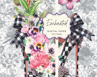 Enchanted High Heel Stiletto Whimsy Check Toile Floral Decoupage Collage Ephemera Digital Paper 8.5x11 Printable DIY