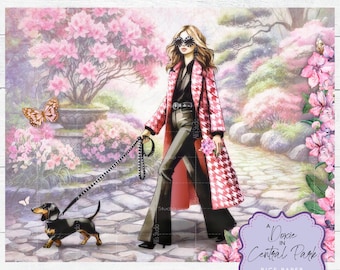 Rice Paper Central Park Dachshund Doxie Stroll Dog Walk Azaleas Pink Light Brown Haired Stylish Woman Decoupage Florals A4