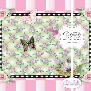 Rosettes à carreaux roses blancs, fleurs, treillis, papillons, papier numérique 8,5 x 11 imprimables, bricolage
