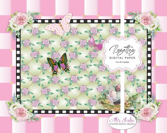 Rosettes Pink White Check Floral Roses Trellis Butterflies Bird's Nest Digital Paper 8.5x11 Printable DIY